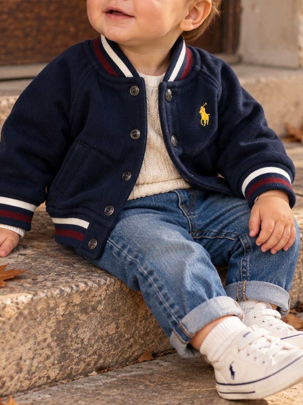 Ralph Lauren Navy Blue Kids Sweater Jacket with Stripe Trim